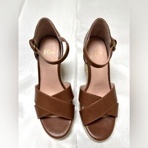 Nwot; J.Crew Brown Leather Cross Strap Espadrille Wedge Sandals🔥